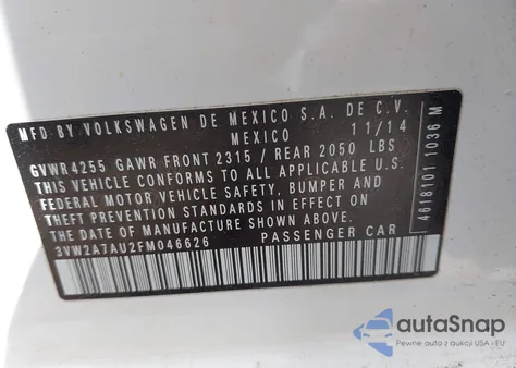 2015 Volkswagen Golf Tdi Se 4-Door из США, поврежденный, VIN 3VW2A7AU2FM046626